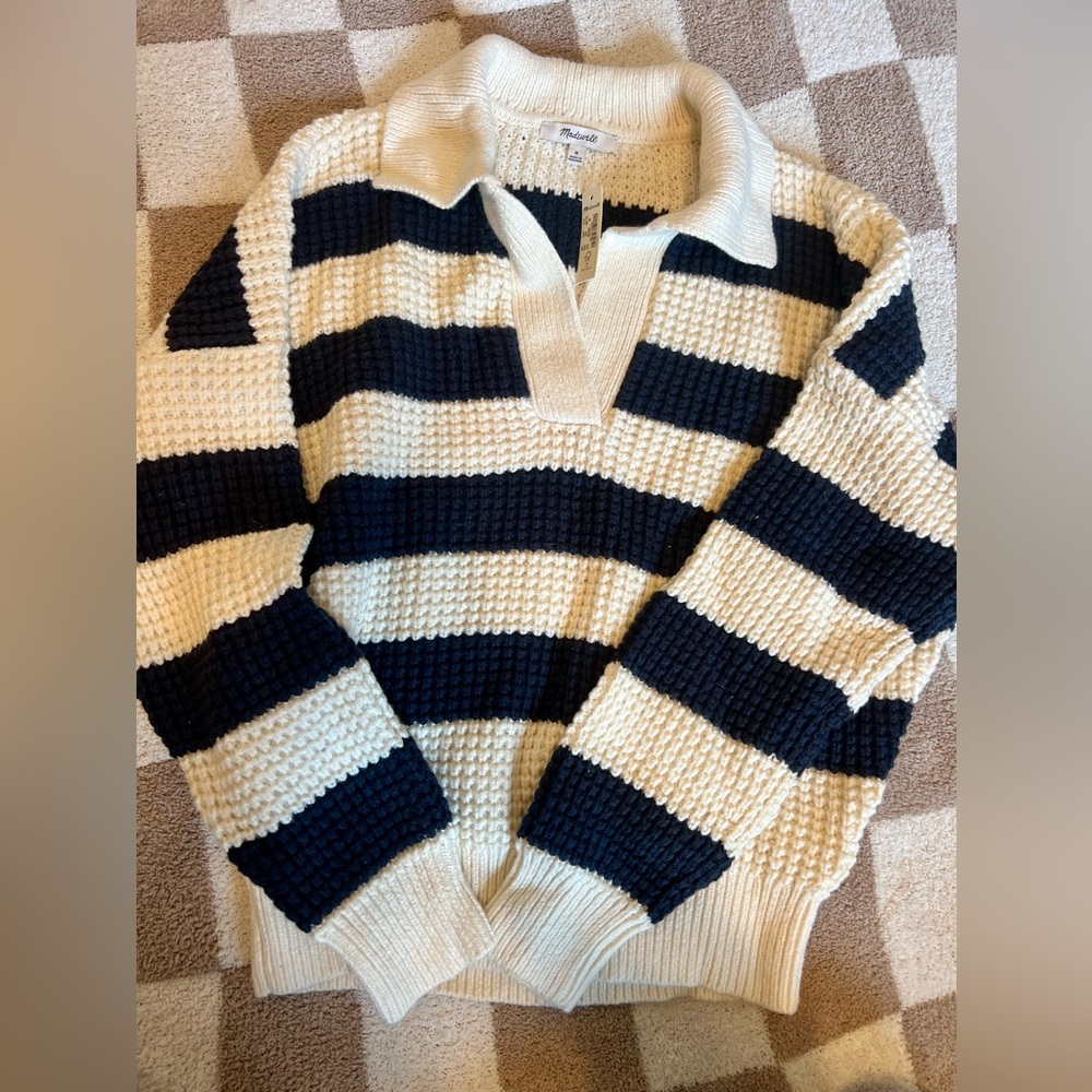 Madewell Navy and Cream Waffle Knit Sweater